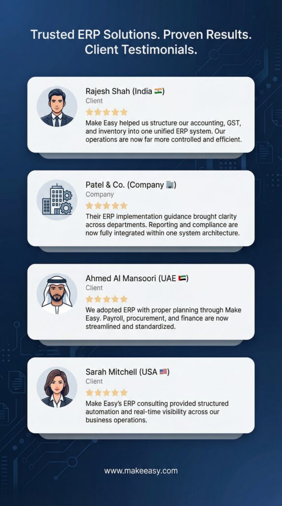 Make Easy ERP Consulting Client Testimonials Client testimonials highlighting successful ERP consulting and implementation results by Make Easy